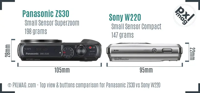 Panasonic ZS30 vs Sony W220 top view buttons comparison