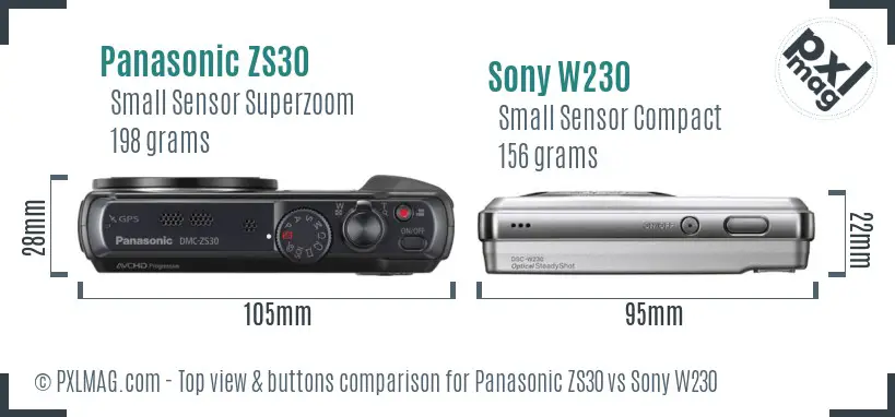 Panasonic ZS30 vs Sony W230 top view buttons comparison
