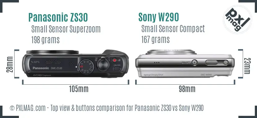 Panasonic ZS30 vs Sony W290 top view buttons comparison