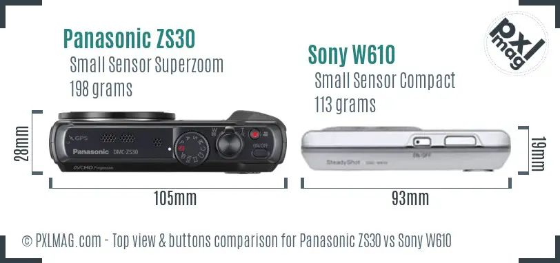 Panasonic ZS30 vs Sony W610 top view buttons comparison