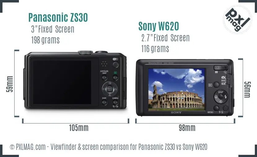 Panasonic ZS30 vs Sony W620 Screen and Viewfinder comparison
