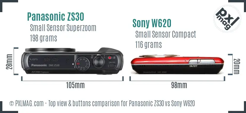 Panasonic ZS30 vs Sony W620 top view buttons comparison