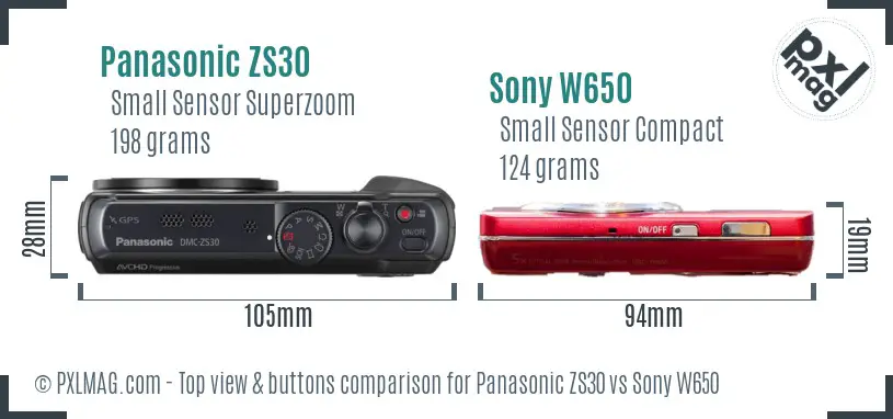 Panasonic ZS30 vs Sony W650 top view buttons comparison