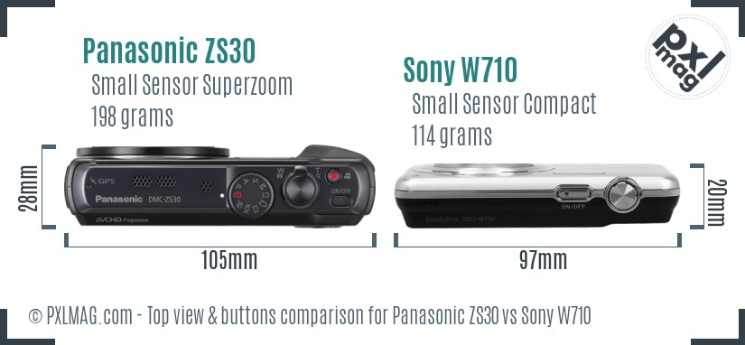 Panasonic ZS30 vs Sony W710 top view buttons comparison