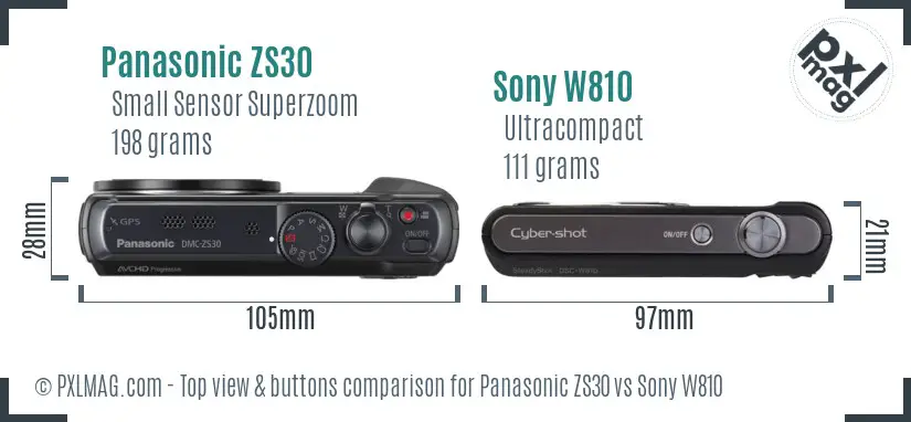 Panasonic ZS30 vs Sony W810 top view buttons comparison Panasonic ZS30 vs Sony W810 top view buttons comparison