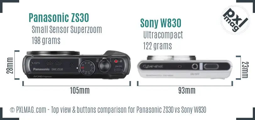 Panasonic ZS30 vs Sony W830 top view buttons comparison Panasonic ZS30 vs Sony W830 top view buttons comparison
