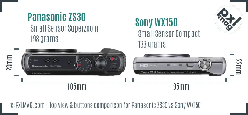 Panasonic ZS30 vs Sony WX150 top view buttons comparison