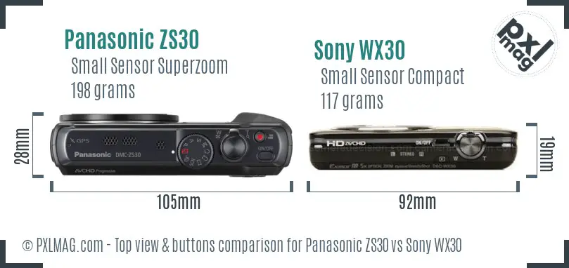 Panasonic ZS30 vs Sony WX30 top view buttons comparison