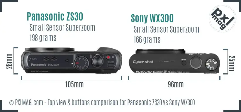 Panasonic ZS30 vs Sony WX300 top view buttons comparison