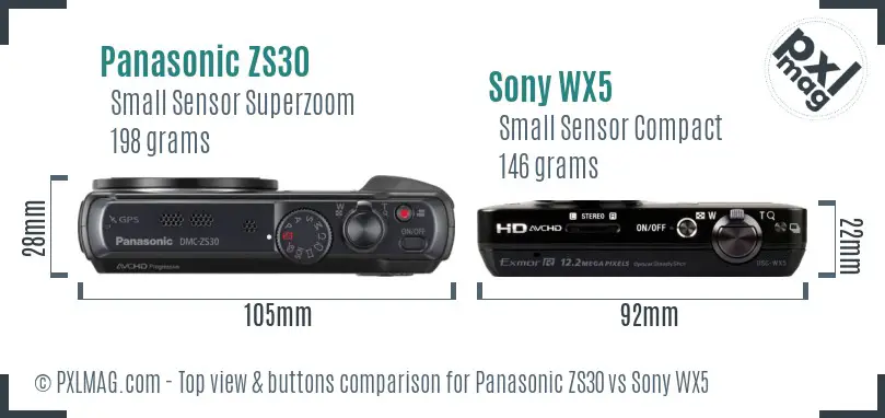 Panasonic ZS30 vs Sony WX5 top view buttons comparison