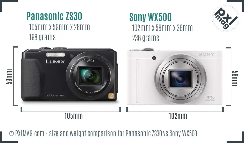 Panasonic ZS30 vs Sony WX500 size comparison