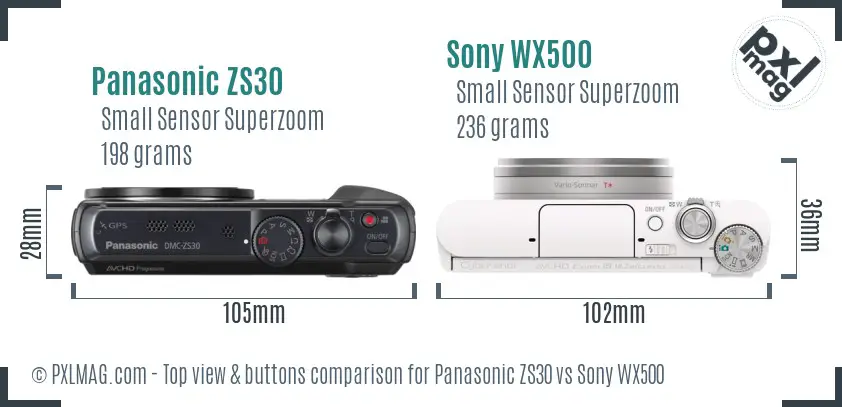 Panasonic ZS30 vs Sony WX500 top view buttons comparison