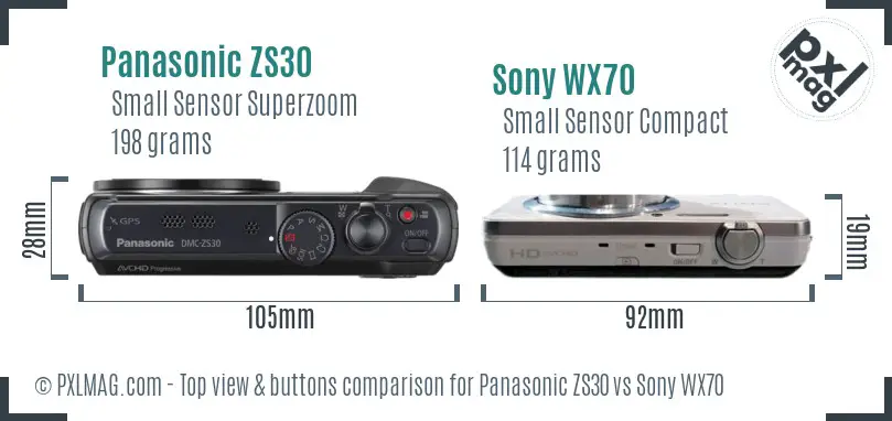 Panasonic ZS30 vs Sony WX70 top view buttons comparison Panasonic ZS30 vs Sony WX70 top view buttons comparison