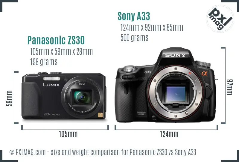 Panasonic ZS30 vs Sony A33 size comparison