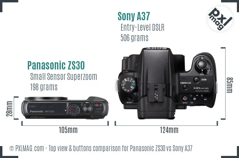 Panasonic ZS30 vs Sony A37 top view buttons comparison Panasonic ZS30 vs Sony A37 top view buttons comparison