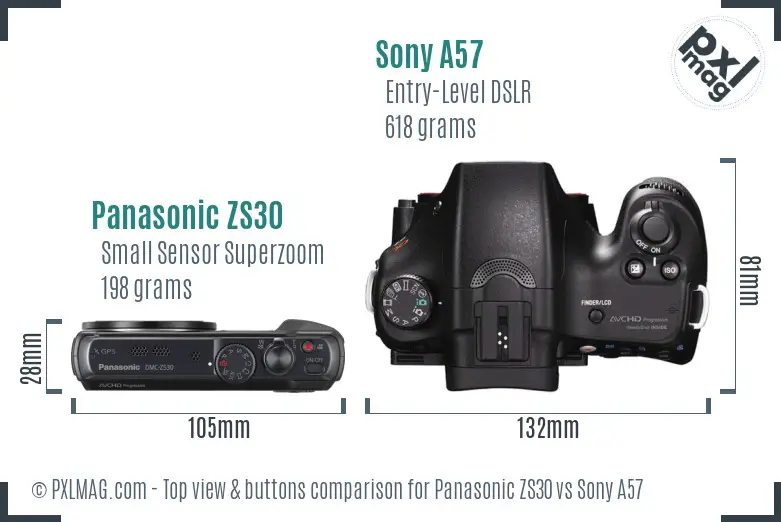 Panasonic ZS30 vs Sony A57 top view buttons comparison