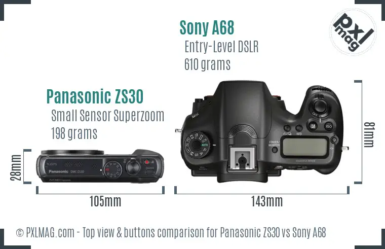 Panasonic ZS30 vs Sony A68 top view buttons comparison Panasonic ZS30 vs Sony A68 top view buttons comparison
