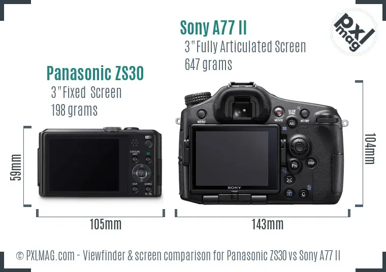 Panasonic ZS30 vs Sony A77 II Screen and Viewfinder comparison