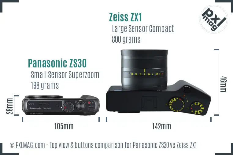 Panasonic ZS30 vs Zeiss ZX1 top view buttons comparison