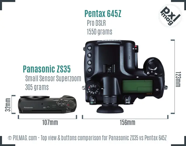 Panasonic ZS35 vs Pentax 645Z top view buttons comparison