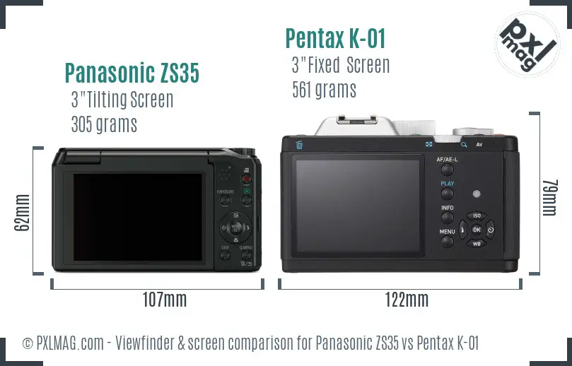 Panasonic ZS35 vs Pentax K-01 Screen and Viewfinder comparison