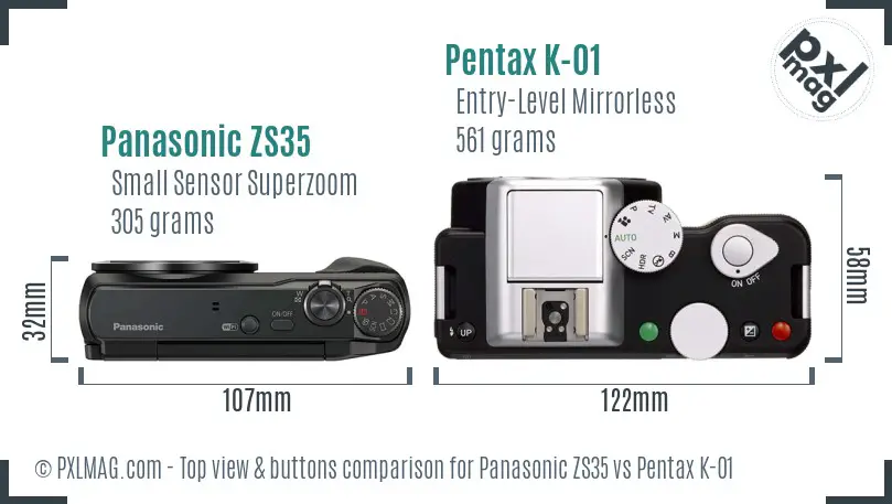 Panasonic ZS35 vs Pentax K-01 top view buttons comparison