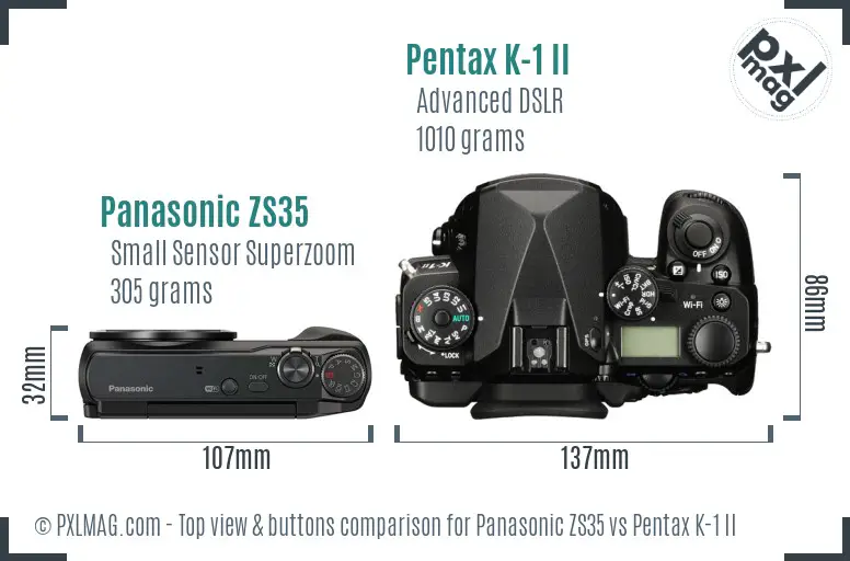 Panasonic ZS35 vs Pentax K-1 II top view buttons comparison