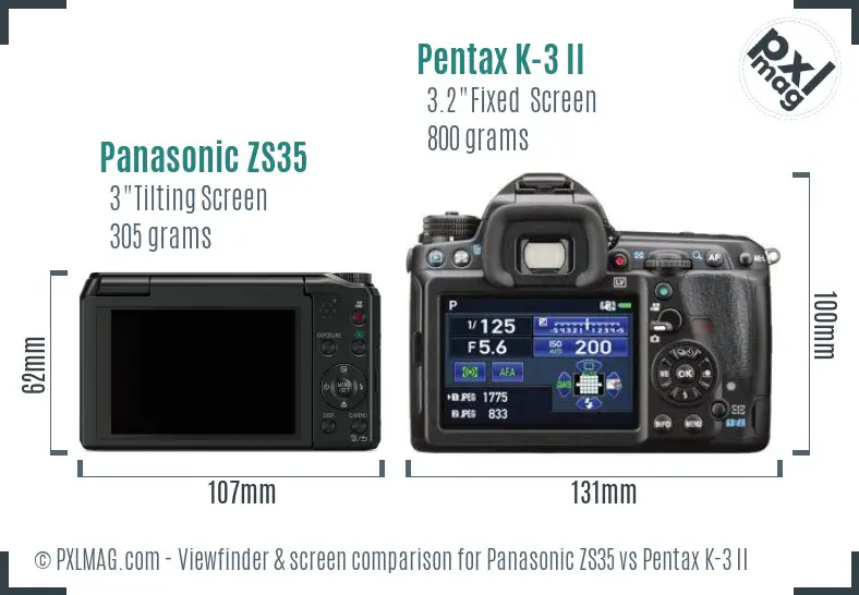 Panasonic ZS35 vs Pentax K-3 II Screen and Viewfinder comparison