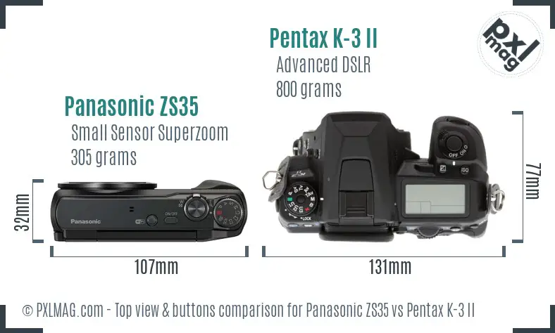 Panasonic ZS35 vs Pentax K-3 II top view buttons comparison