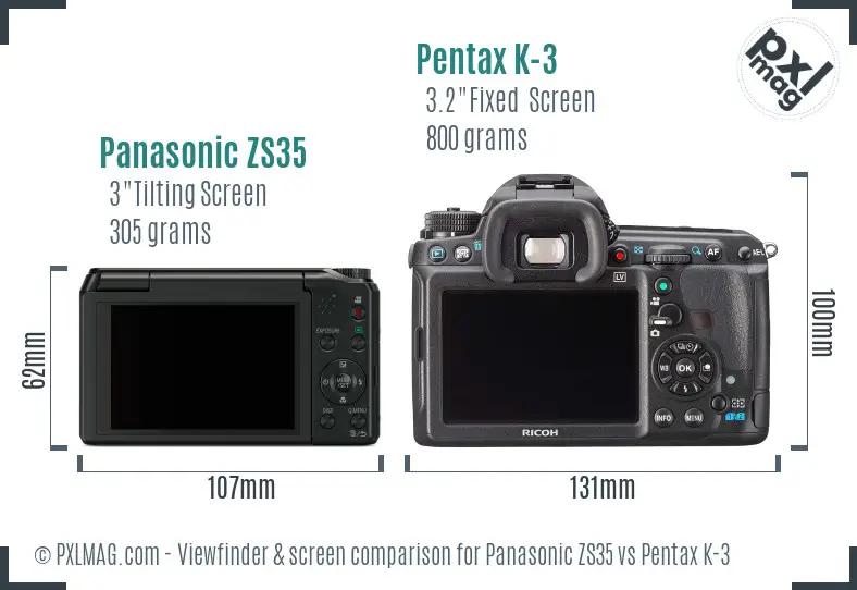 Panasonic ZS35 vs Pentax K-3 Screen and Viewfinder comparison