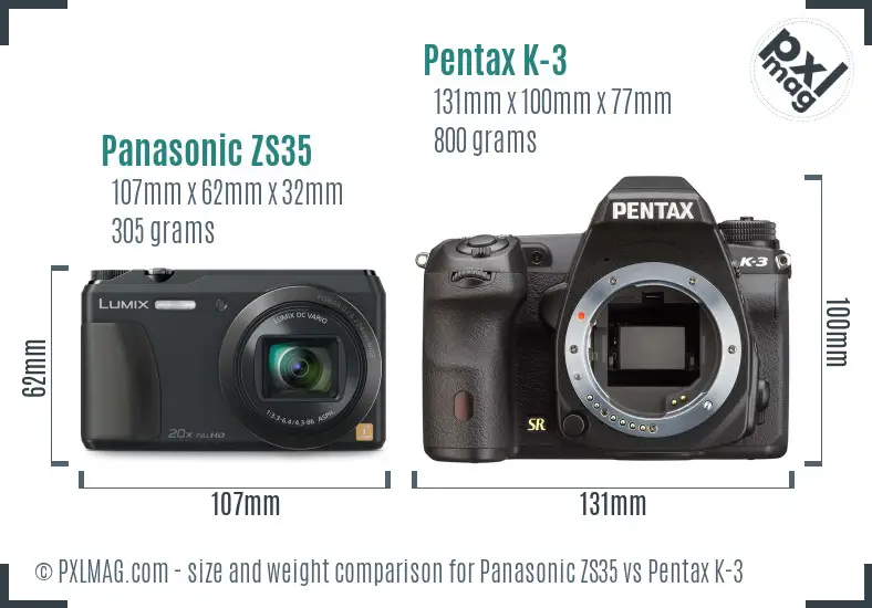 Panasonic ZS35 vs Pentax K-3 size comparison
