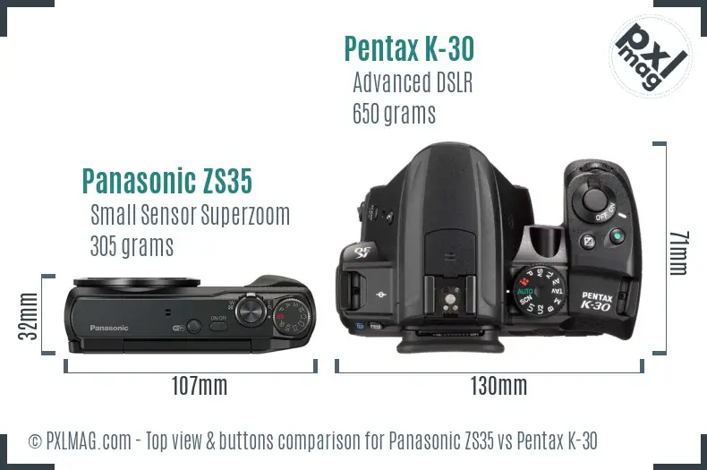 Panasonic ZS35 vs Pentax K-30 top view buttons comparison