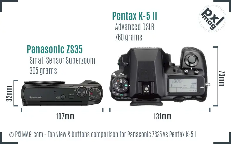 Panasonic ZS35 vs Pentax K-5 II top view buttons comparison