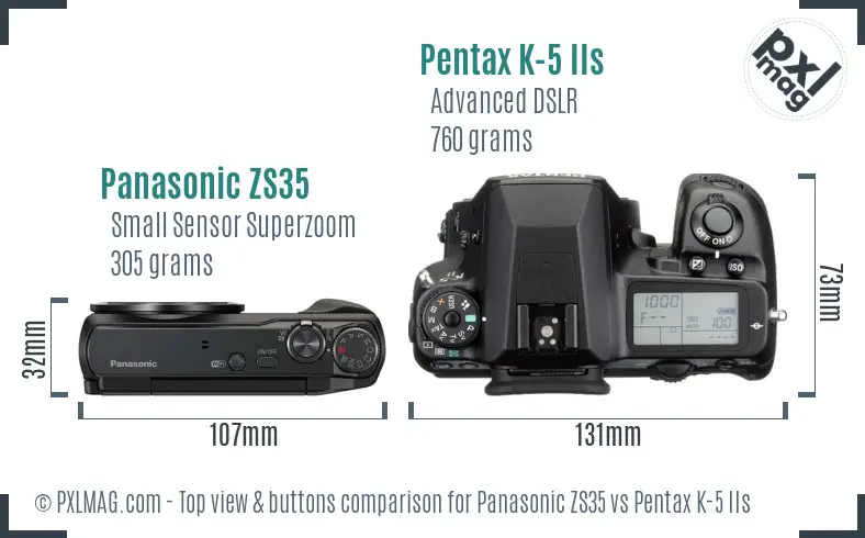 Panasonic ZS35 vs Pentax K-5 IIs top view buttons comparison