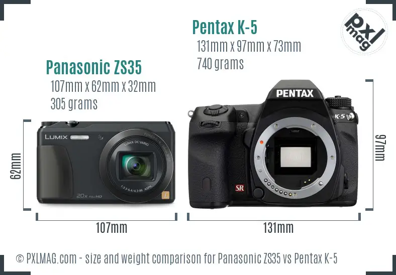 Panasonic ZS35 vs Pentax K-5 size comparison