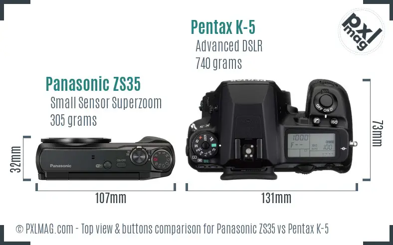 Panasonic ZS35 vs Pentax K-5 top view buttons comparison