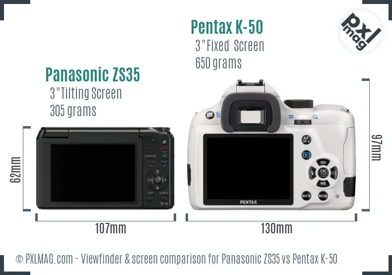 Panasonic ZS35 vs Pentax K-50 Screen and Viewfinder comparison