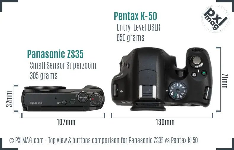 Panasonic ZS35 vs Pentax K-50 top view buttons comparison