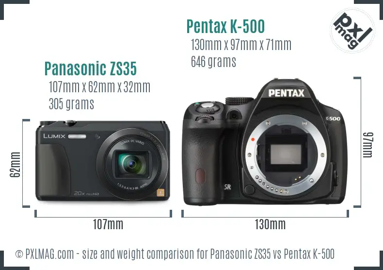 Panasonic ZS35 vs Pentax K-500 size comparison