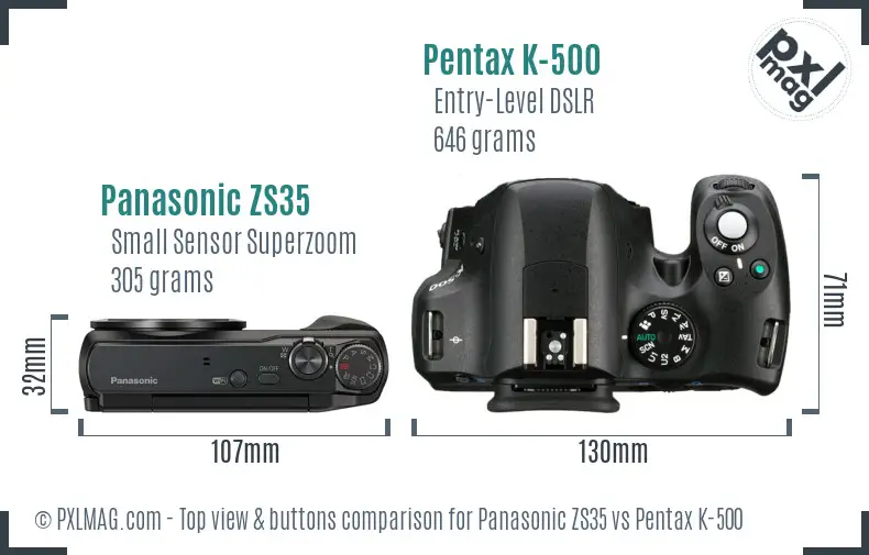 Panasonic ZS35 vs Pentax K-500 top view buttons comparison