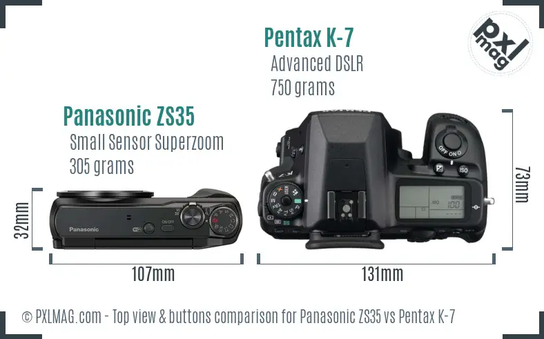 Panasonic ZS35 vs Pentax K-7 top view buttons comparison