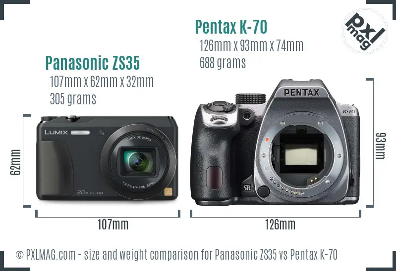 Panasonic ZS35 vs Pentax K-70 size comparison