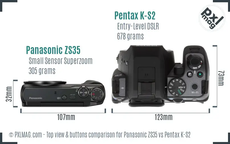 Panasonic ZS35 vs Pentax K-S2 top view buttons comparison