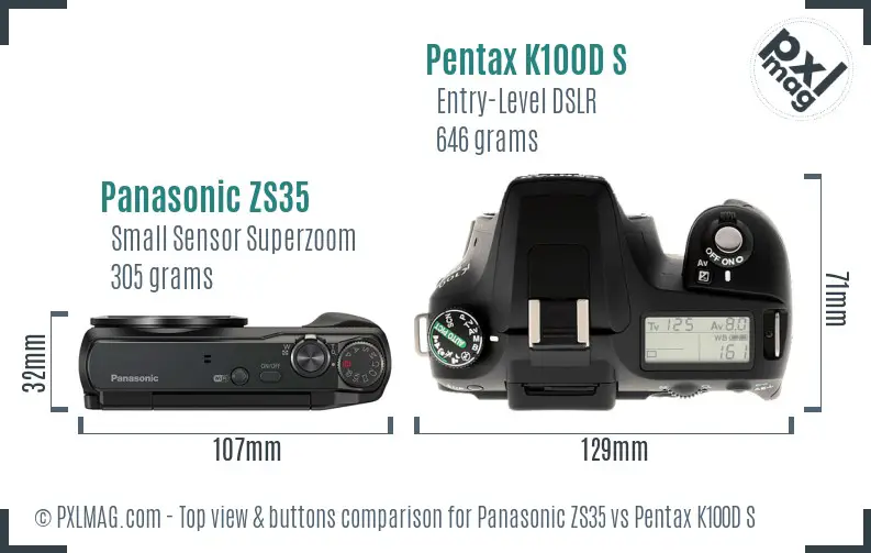 Panasonic ZS35 vs Pentax K100D S top view buttons comparison