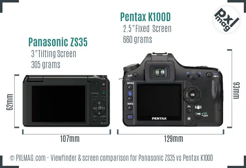 Panasonic ZS35 vs Pentax K100D Screen and Viewfinder comparison