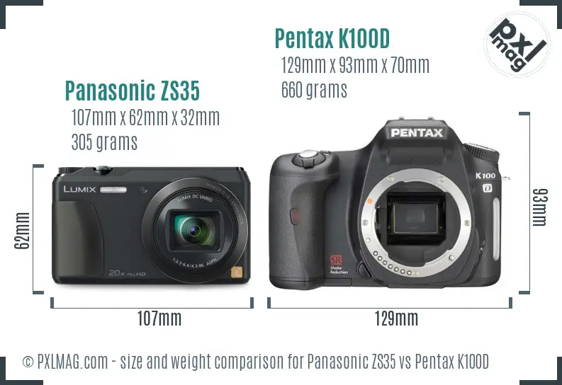 Panasonic ZS35 vs Pentax K100D size comparison