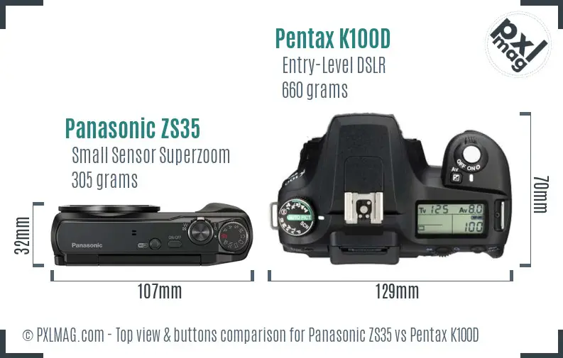 Panasonic ZS35 vs Pentax K100D top view buttons comparison
