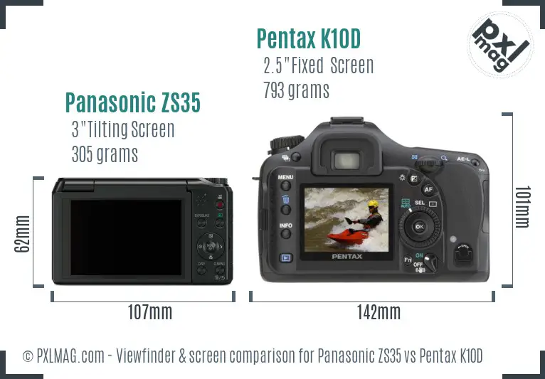 Panasonic ZS35 vs Pentax K10D Screen and Viewfinder comparison