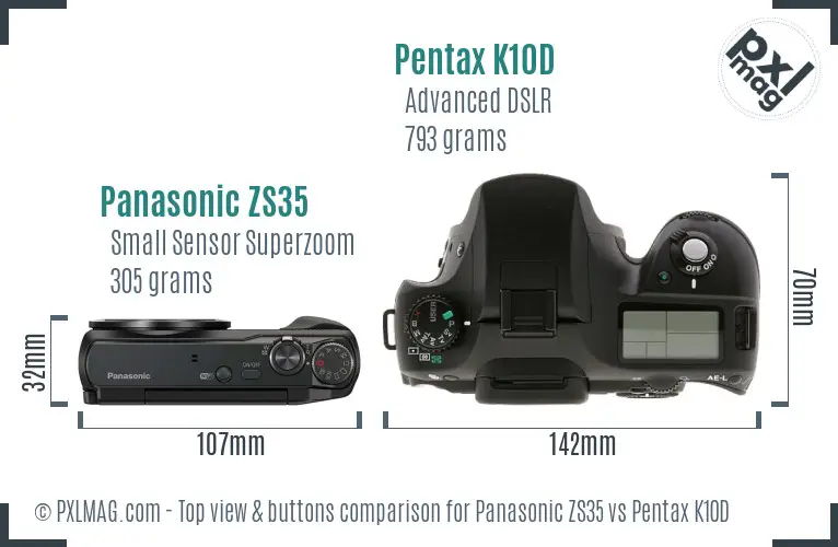 Panasonic ZS35 vs Pentax K10D top view buttons comparison