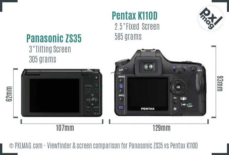 Panasonic ZS35 vs Pentax K110D Screen and Viewfinder comparison